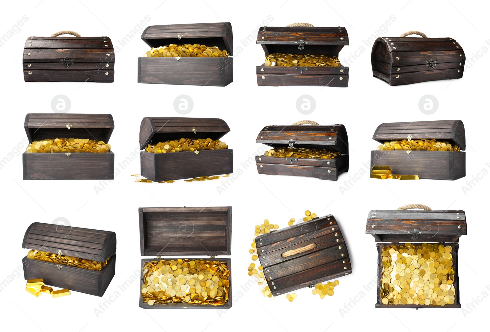 Image of Set with treasure chests full of gold coins on white background 