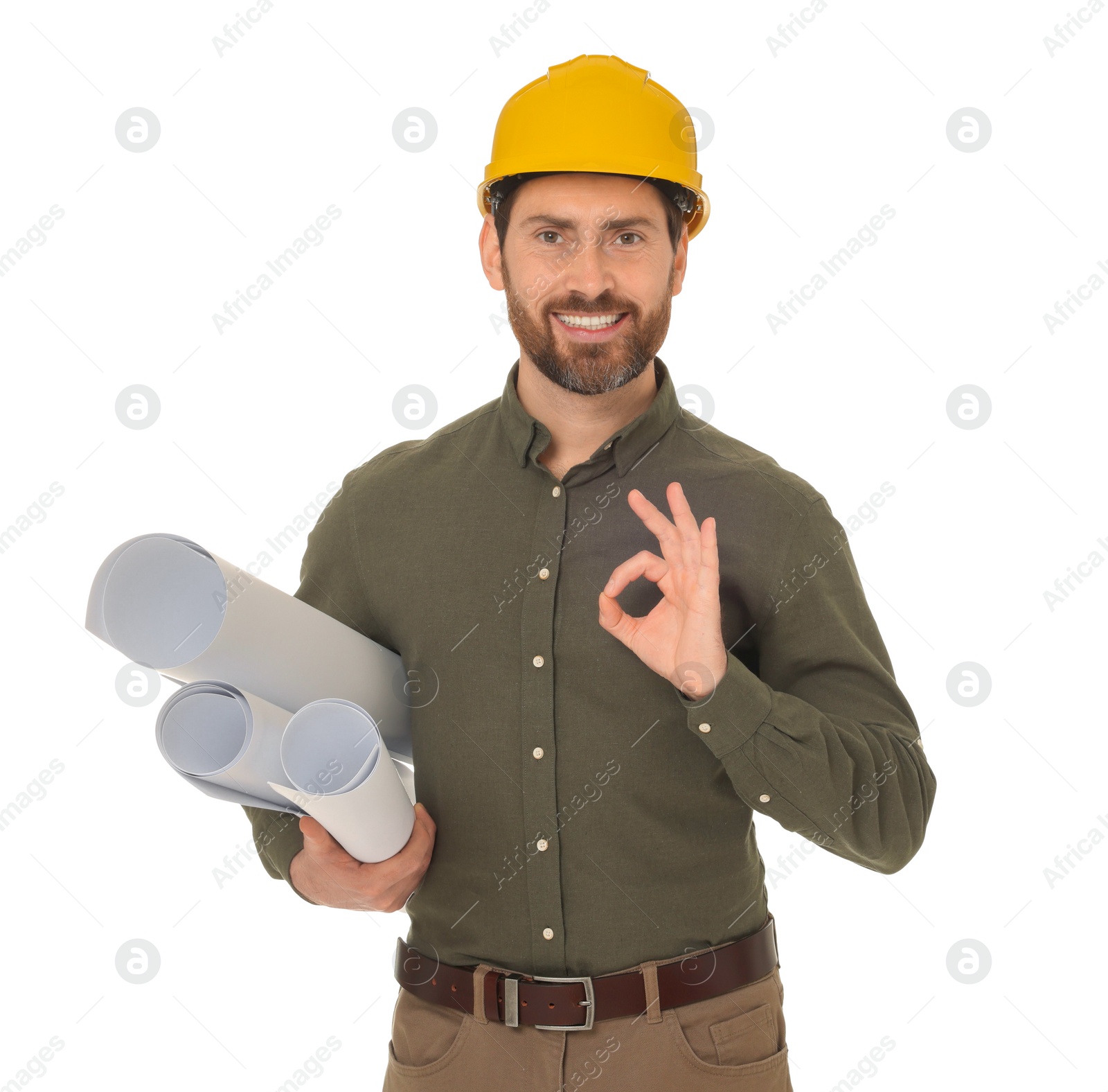 Photo of Architect in hard hat with drafts showing OK gesture on white background