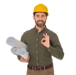 Architect in hard hat with drafts showing OK gesture on white background