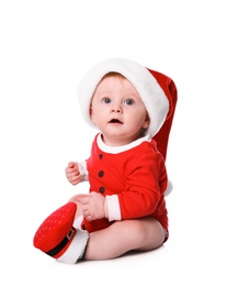 Cute little baby in Santa Claus suit on white background. Christmas celebration