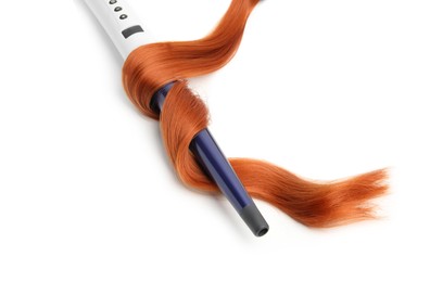 Photo of Modern curling iron with red hair lock on white background