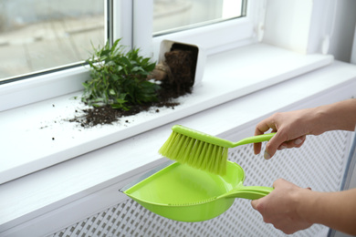 Woman cleaning window sill from soil at home, closeup