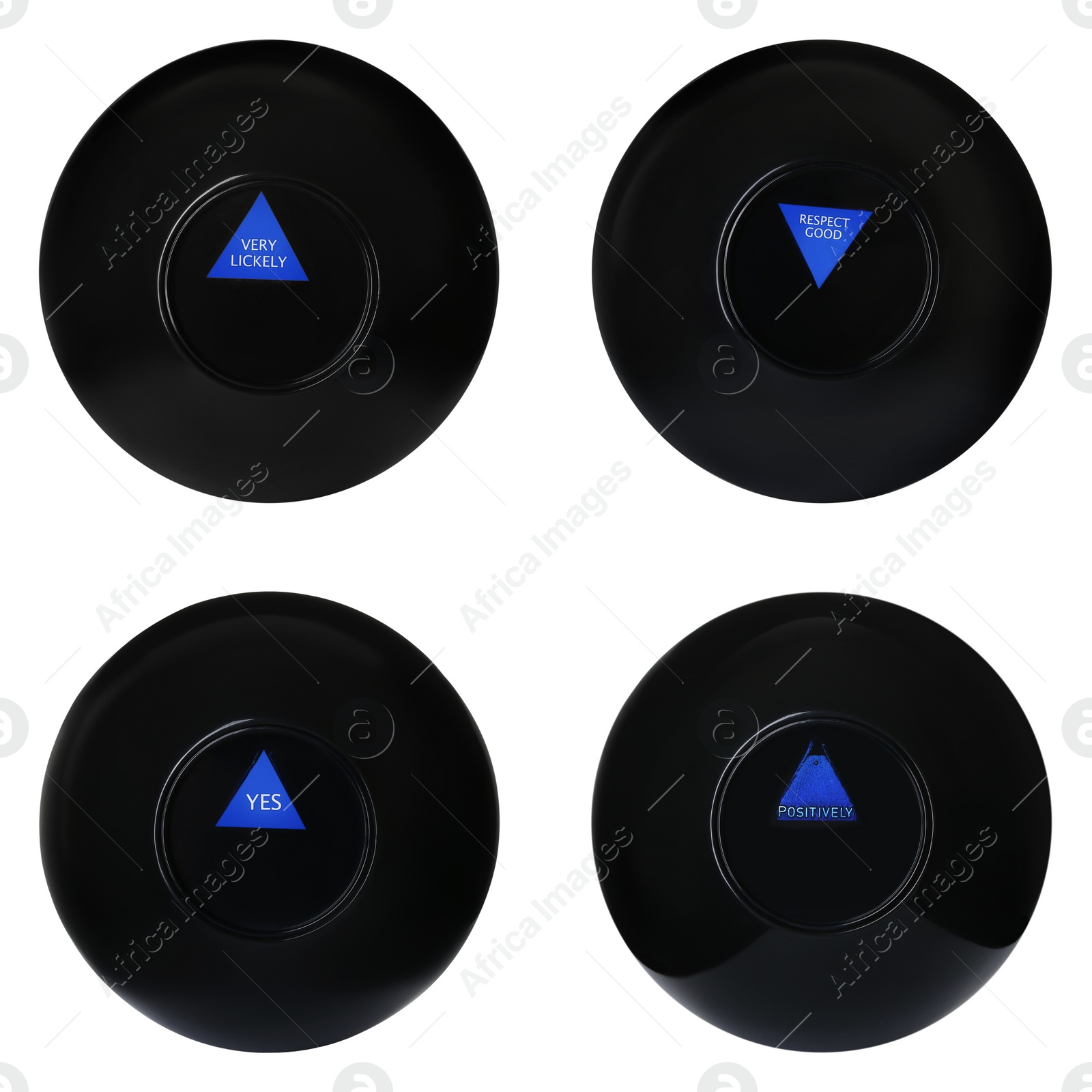 Image of Magic eight ball with different predictions isolated on white, collection