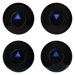 Image of Magic eight ball with different predictions isolated on white, collection