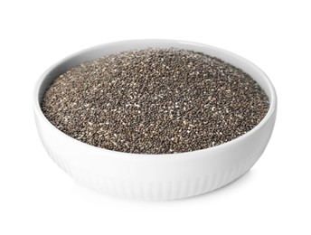 Chia seeds in ceramic bowl isolated on white