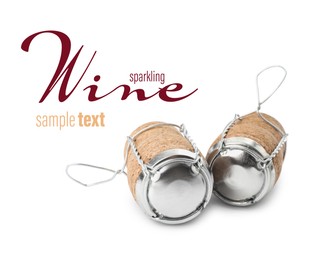 Image of Sparkling wine corks with muselet caps on white background. Space for design