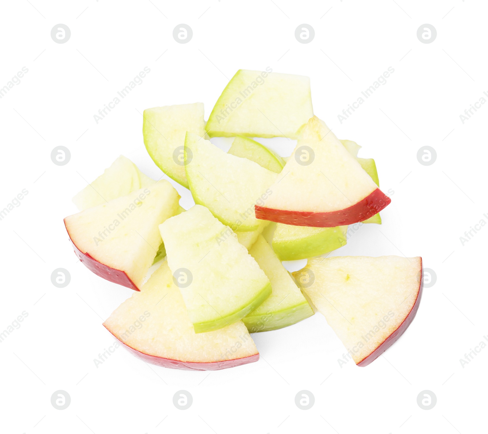 Photo of Pile of apple slices isolated on white, top view