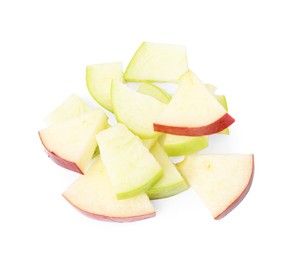 Photo of Pile of apple slices isolated on white, top view