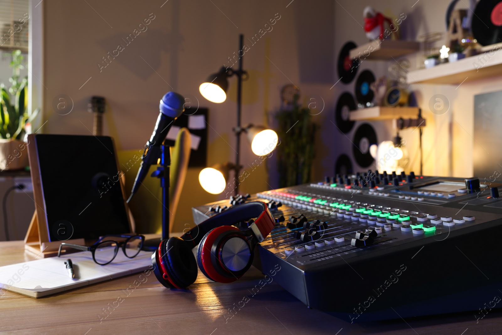 Photo of Professional audio equipment in modern radio studio