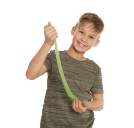 Photo of Preteen boy with slime on white background