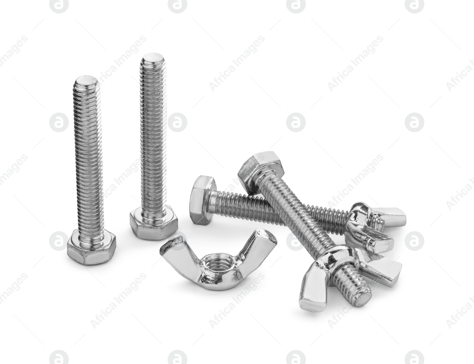 Photo of Metal screws with wing nuts isolated on white