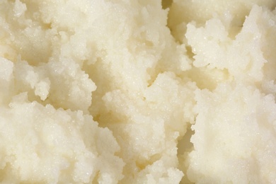 Photo of Fresh shea butter as background, top view. Cosmetic product