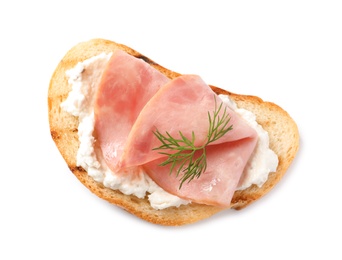 Photo of Tasty bruschetta with ham on white background, top view