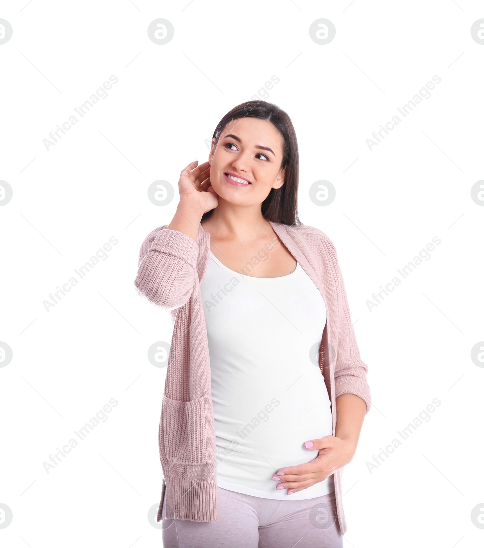 Photo of Beautiful pregnant young woman on white background