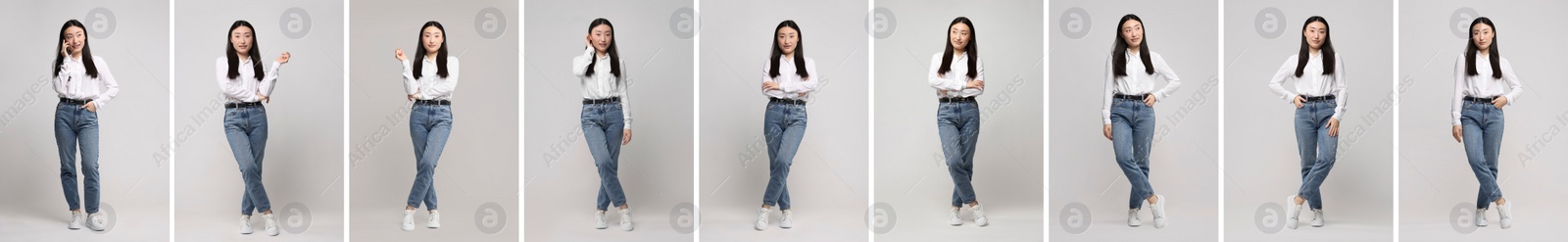 Image of Full length portrait of Asian woman on grey background, set with photos