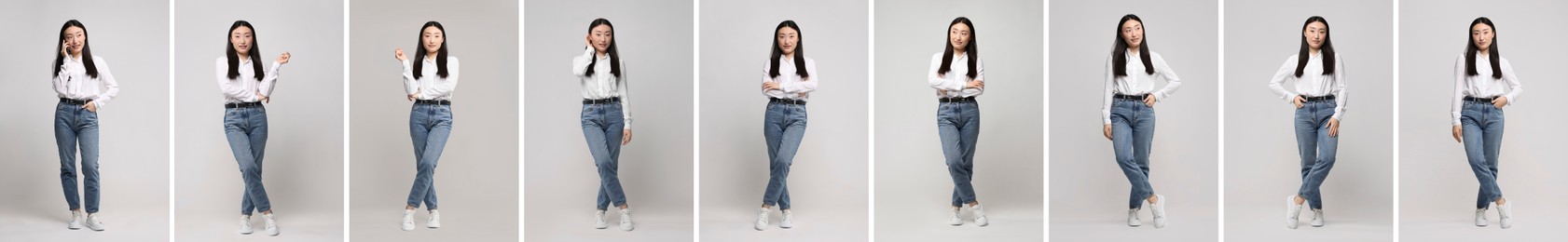 Full length portrait of Asian woman on grey background, set with photos