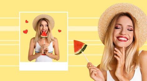 Beautiful woman with juicy watermelon on color background, collage design. Summer days