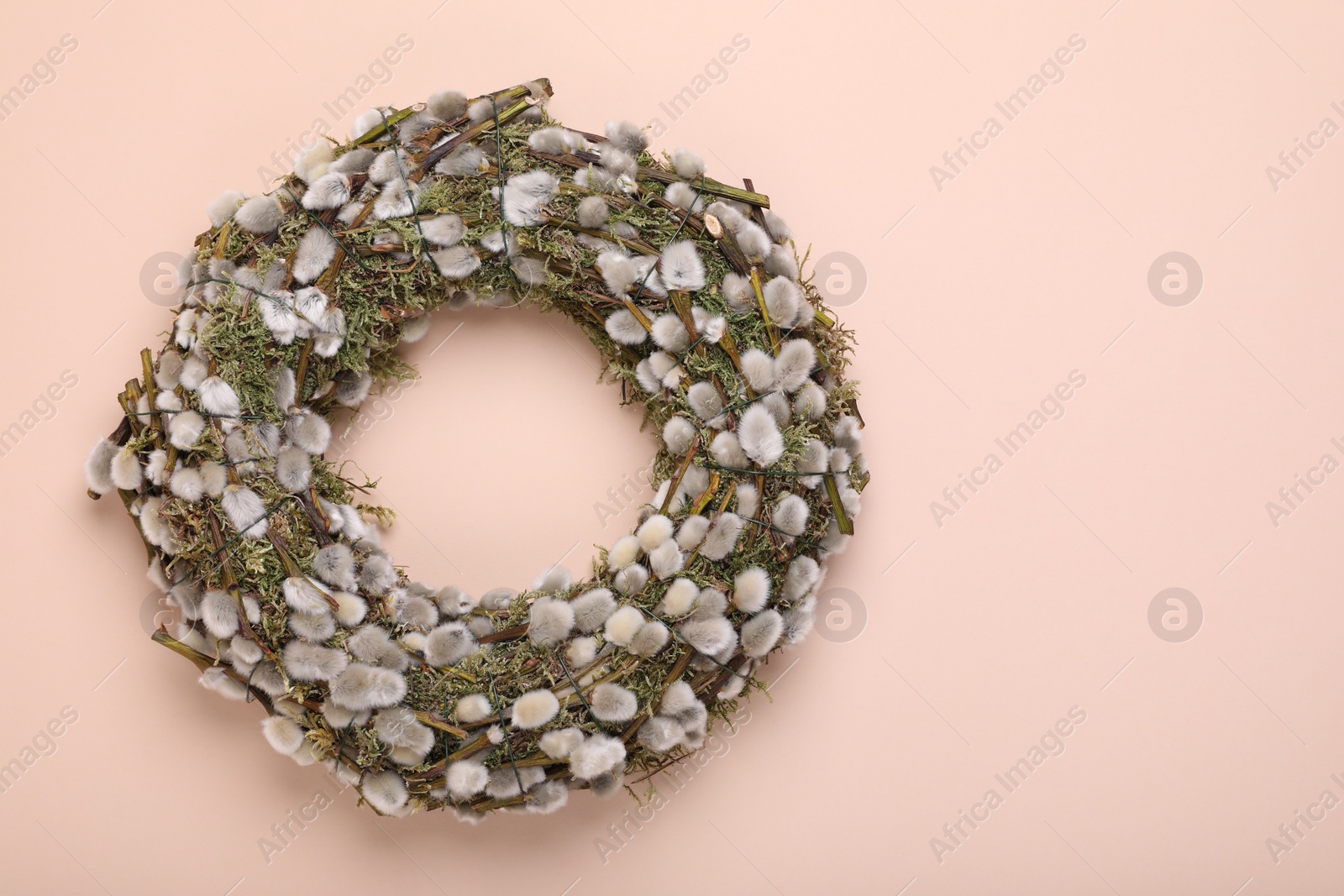 Photo of Wreath made of beautiful willow flowers on beige background, top view. Space for text