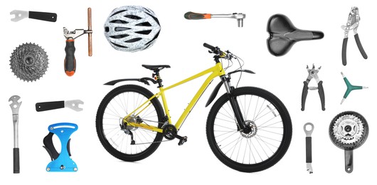 Image of Modern bicycle, its details and tools for repair on white background, collage. Banner design