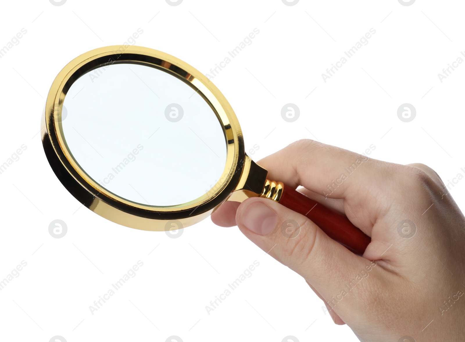 Photo of Woman holding magnifying glass on white background, closeup