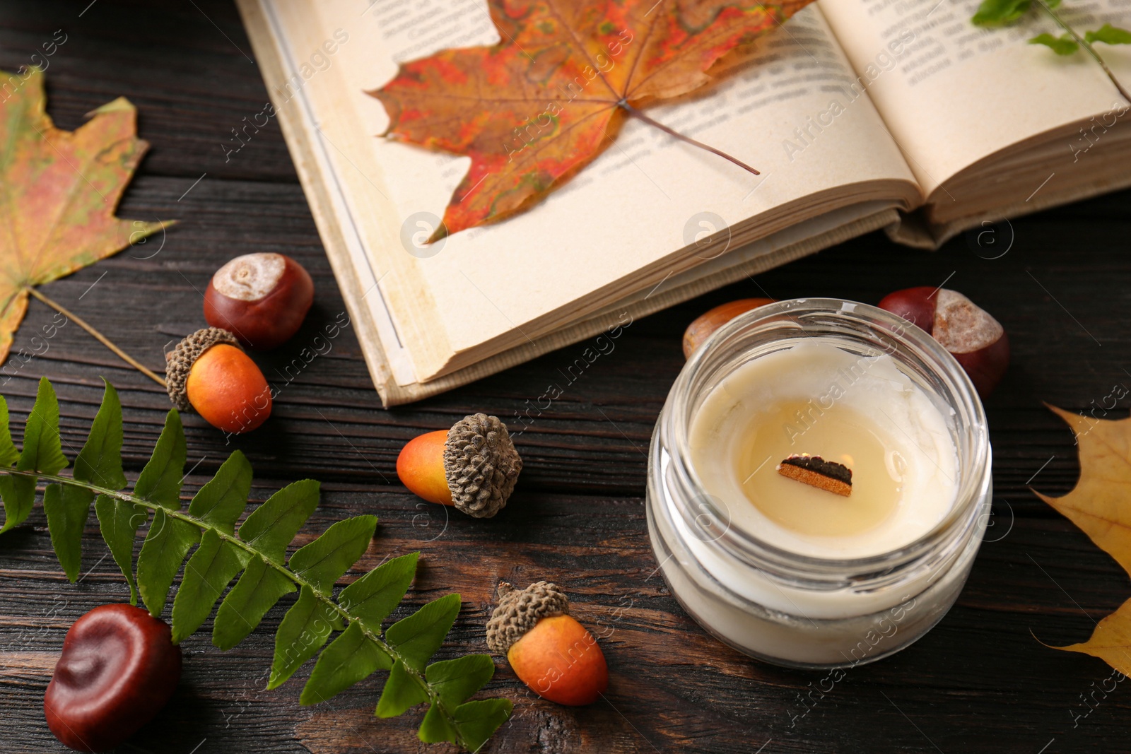 Photo of Composition with burning candle and autumn leaves on wooden table