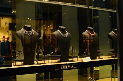 Paris, France - December 10, 2022: Burma store display with set of jewelry