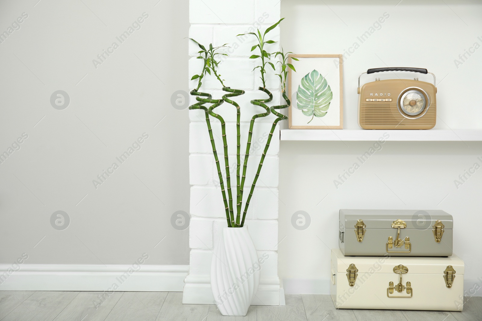 Photo of Vase with green bamboo stems on floor in room. Interior design
