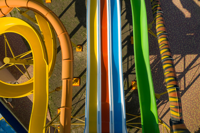 Aerial view of colorful slides in water park