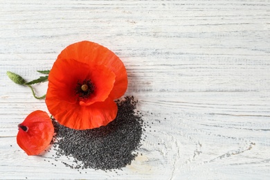 Poppy seeds and flower on white wooden table, flat lay with space for text