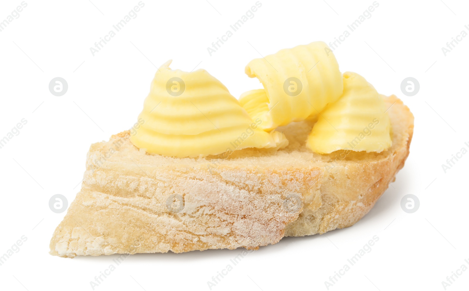 Photo of Tasty butter curl and slice of bread isolated on white