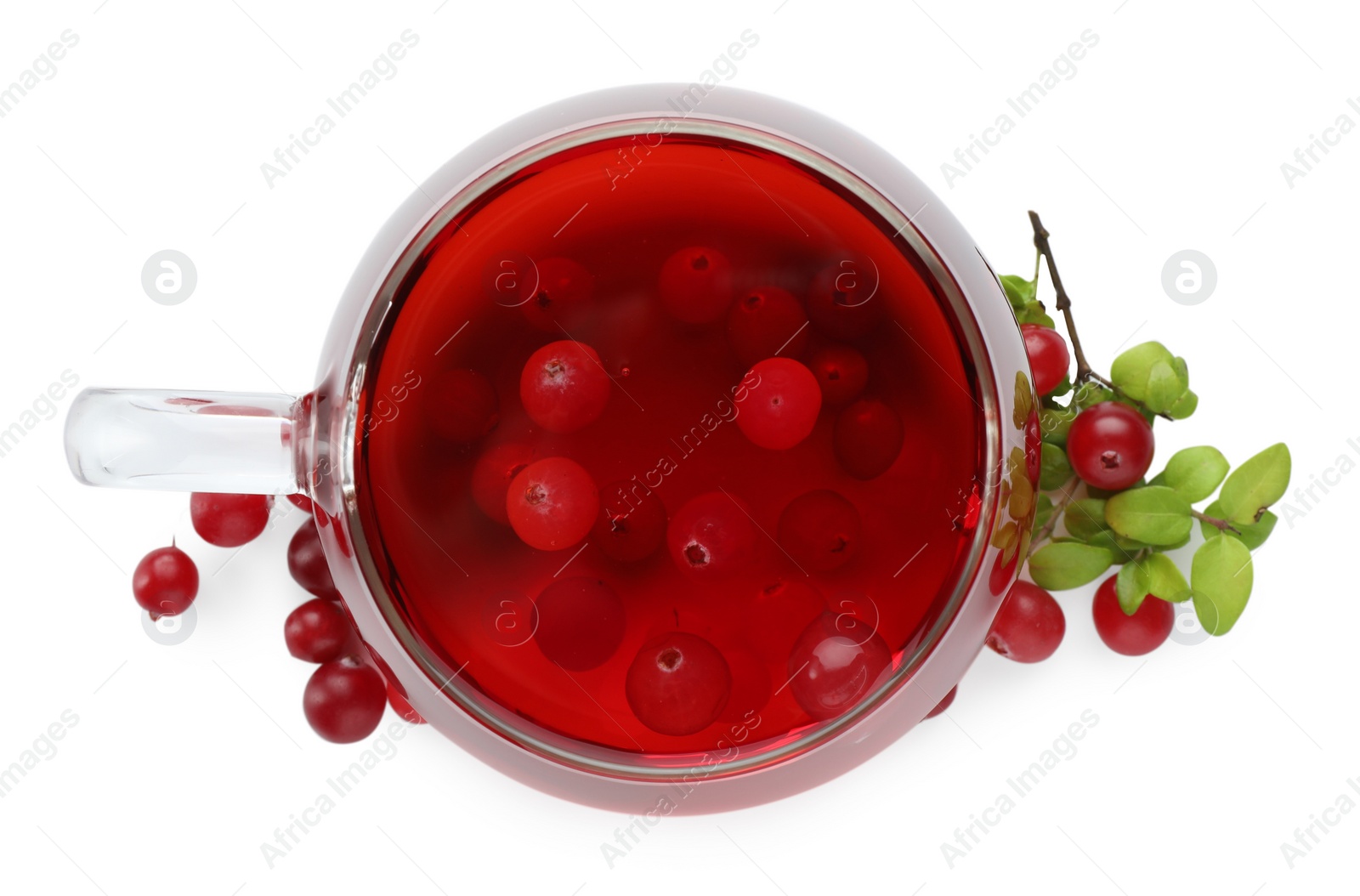 Photo of Cup of delicious cranberry tea and berries isolated on white, top view