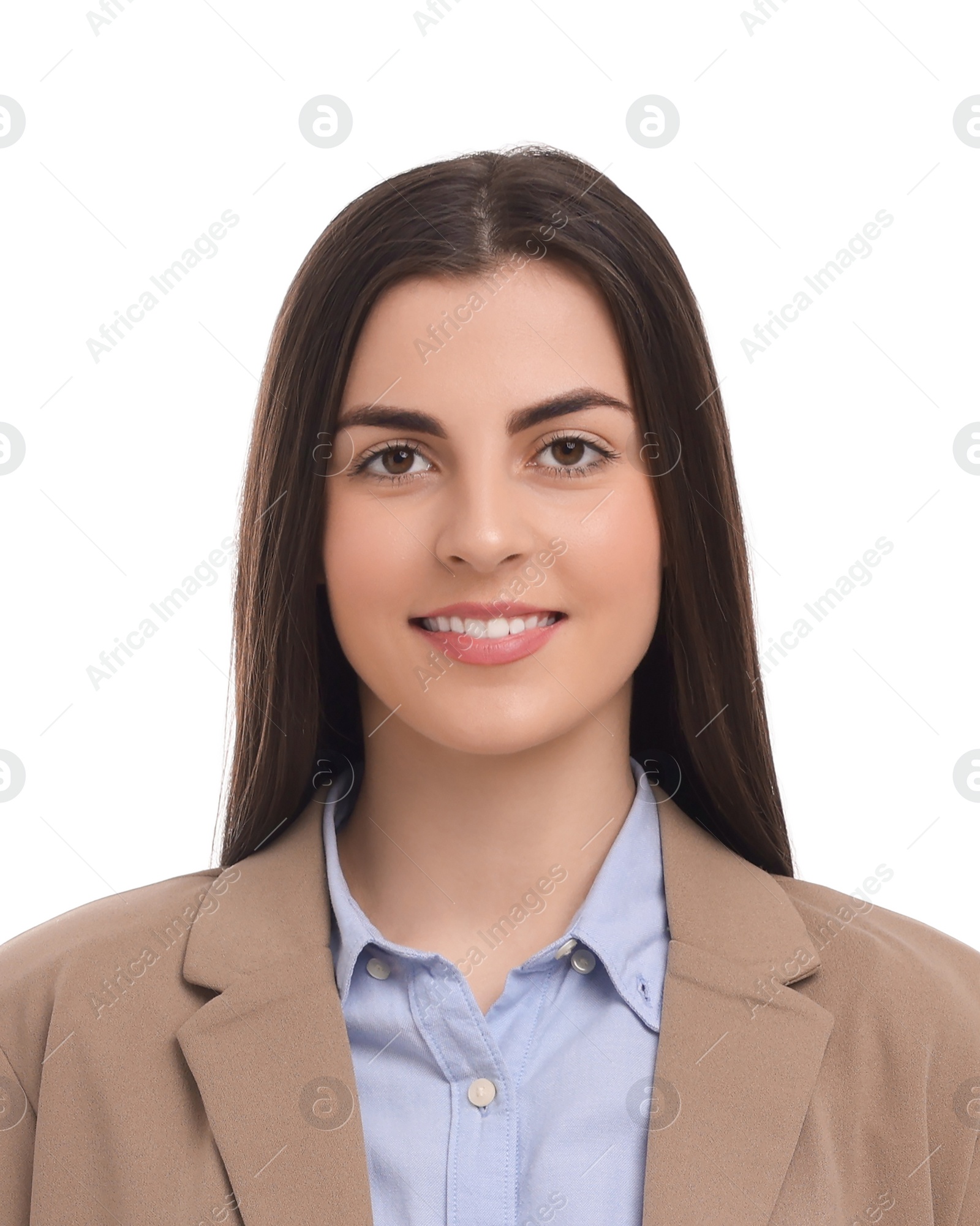 Image of Passport photo. Portrait of woman on white background