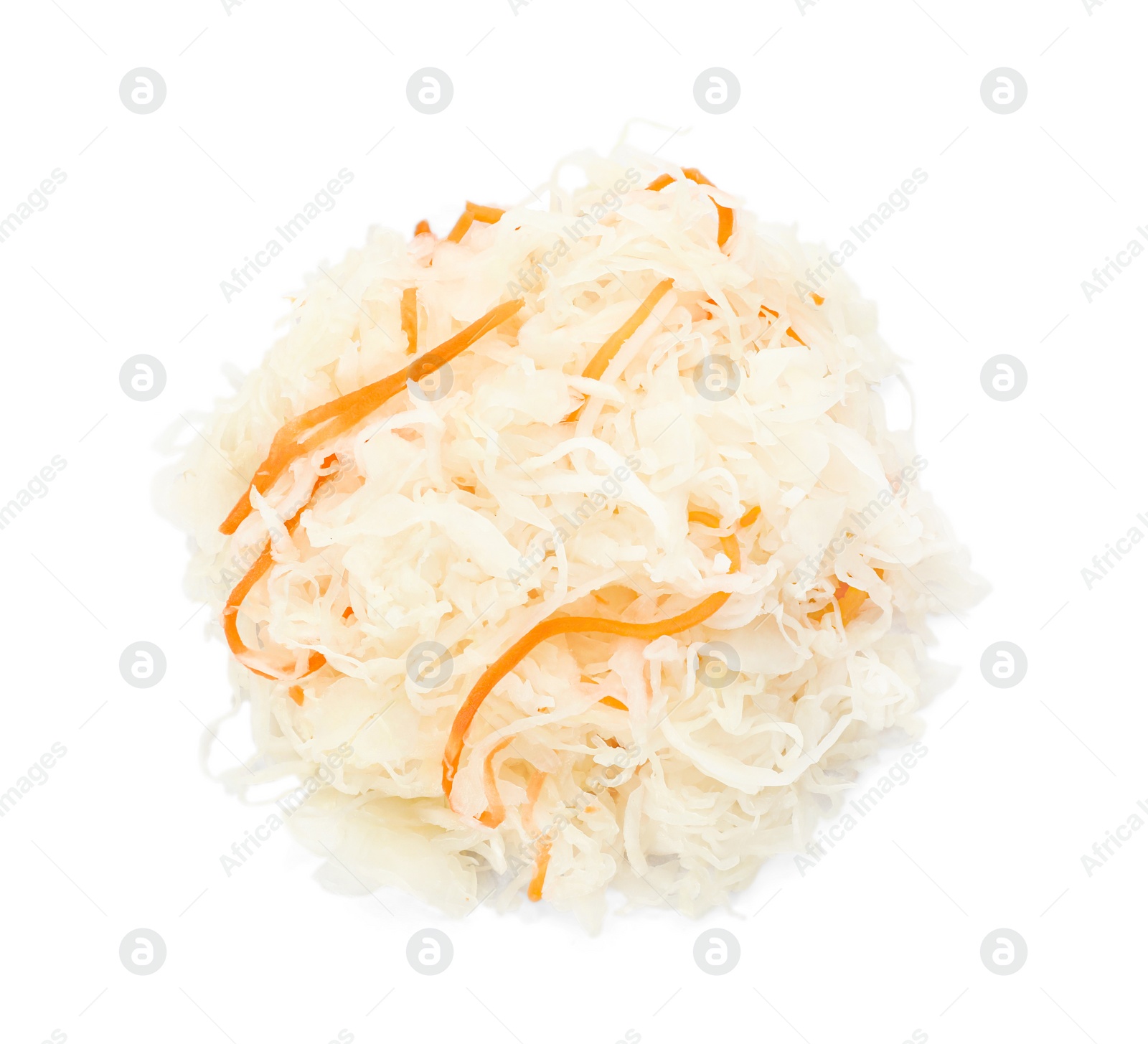 Photo of Tasty fermented cabbage with carrot isolated on white, top view