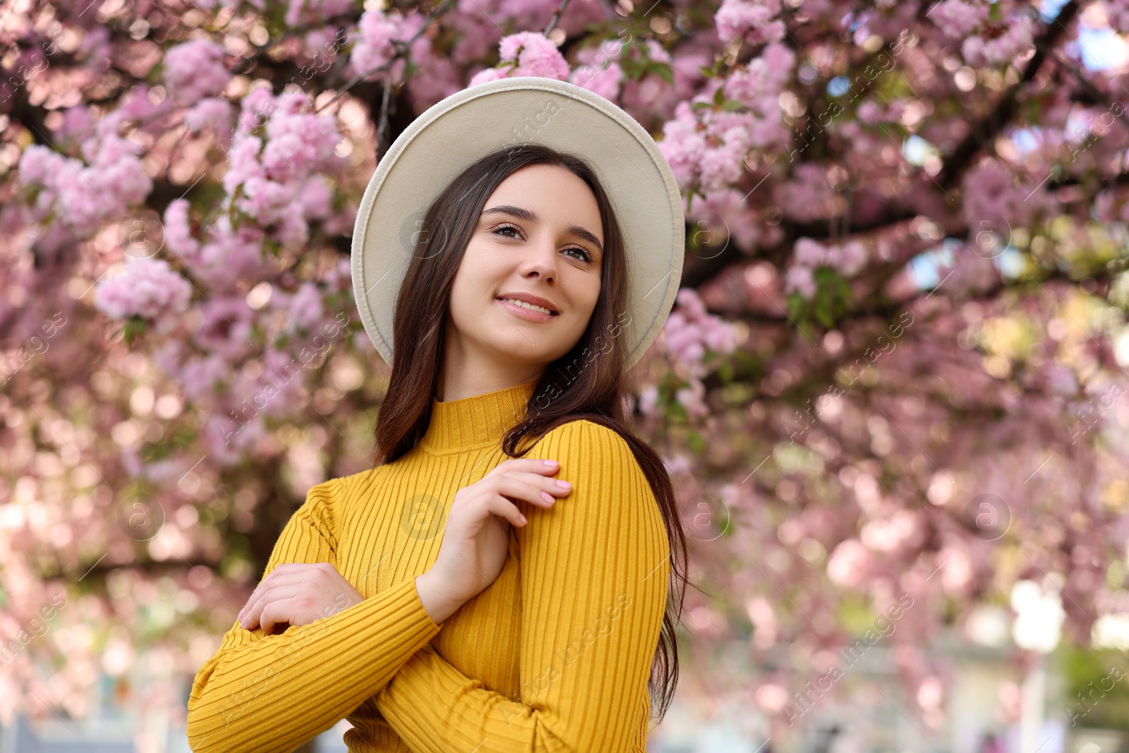 Photo of Beautiful woman in hat near blossoming tree on spring day, space for text