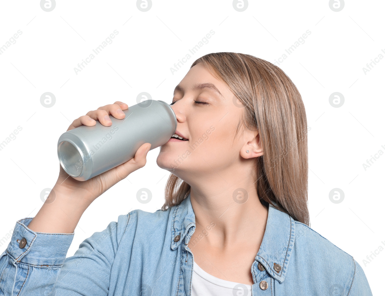 Photo of Beautiful woman drinking from beverage can on white background