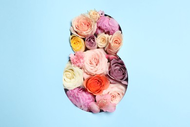 Photo of 8 March greeting card design with flowers, top view. Happy International Women's Day