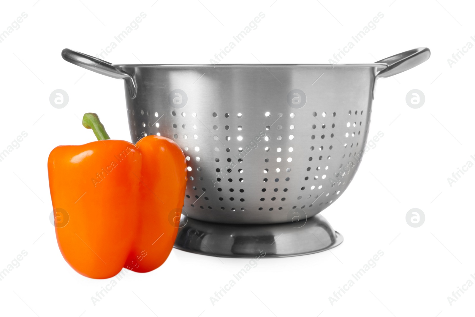 Photo of Colander with fresh bell pepper isolated on white