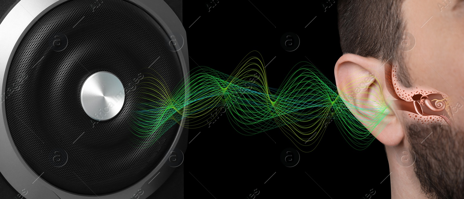 Image of Modern audio speaker and man listening to music on black background, closeup view of ear. Banner design