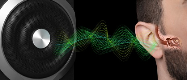 Image of Modern audio speaker and man listening to music on black background, closeup view of ear. Banner design