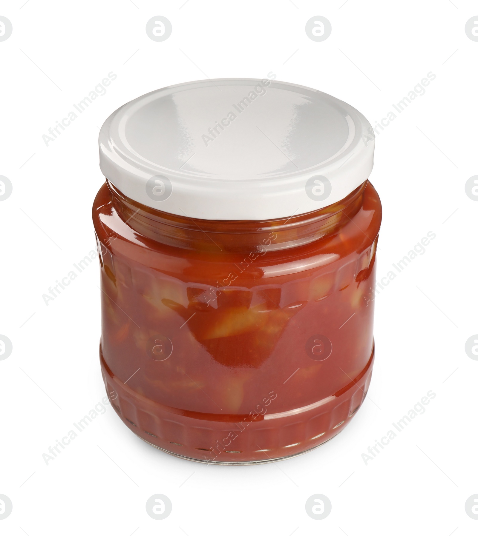 Photo of Glass jar of delicious canned lecho isolated on white