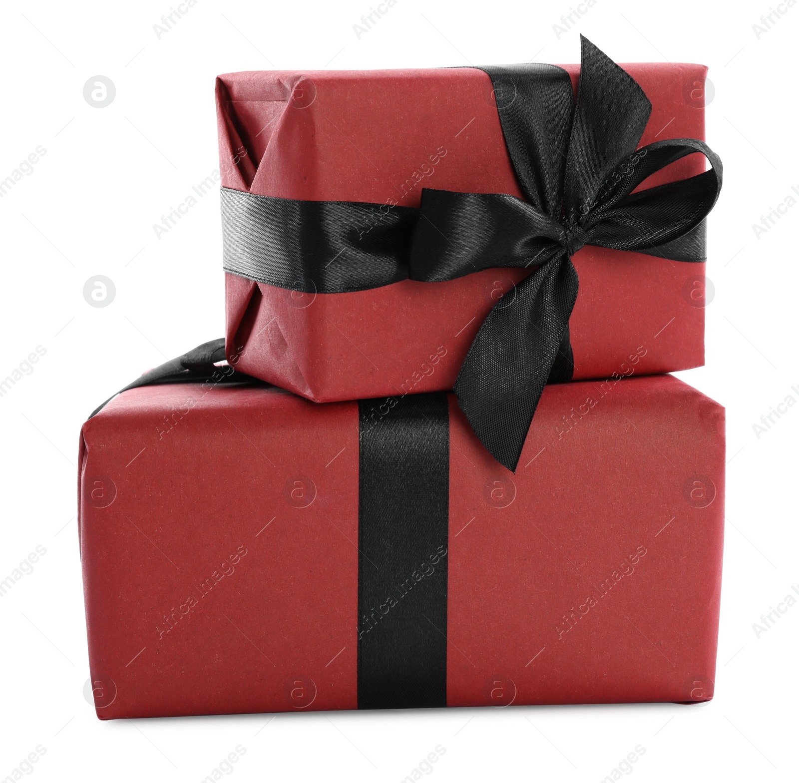 Photo of Red gift boxes with bows isolated on white