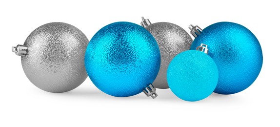 Beautiful silver and light blue Christmas balls isolated on white