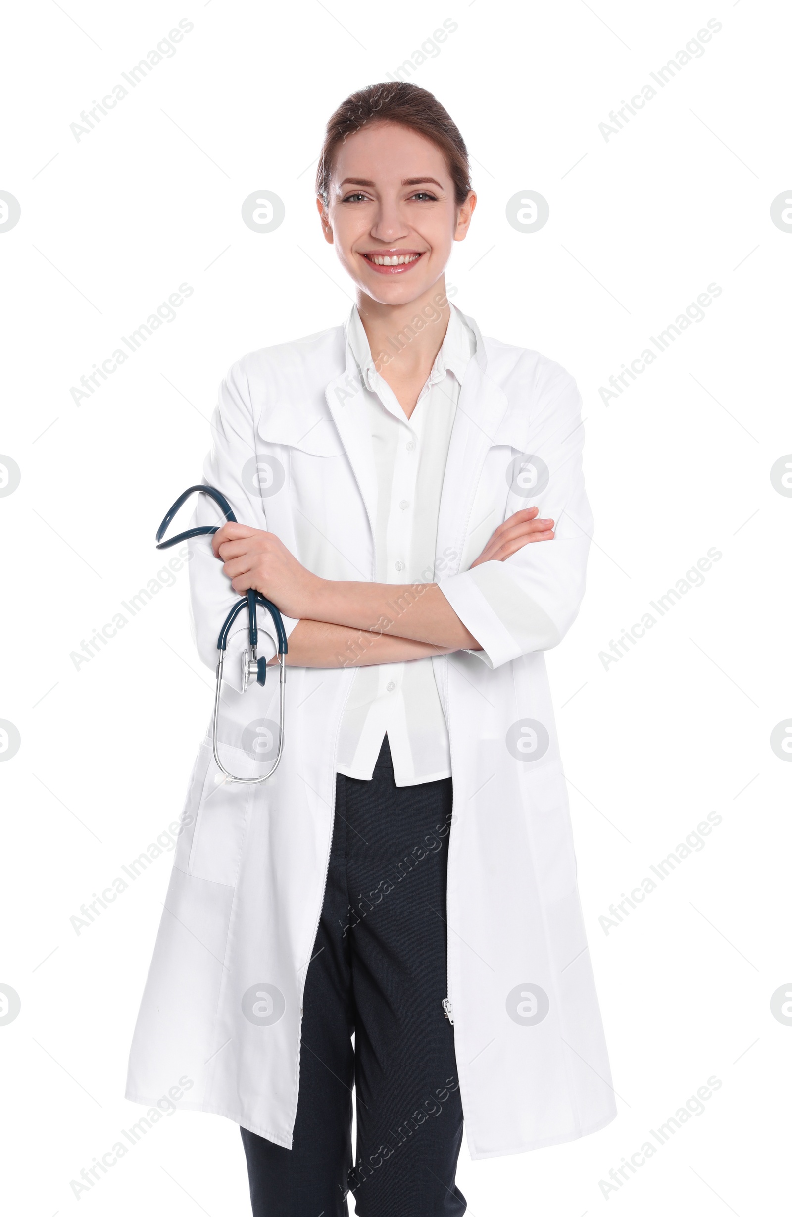 Photo of Portrait of medical doctor with stethoscope isolated on white