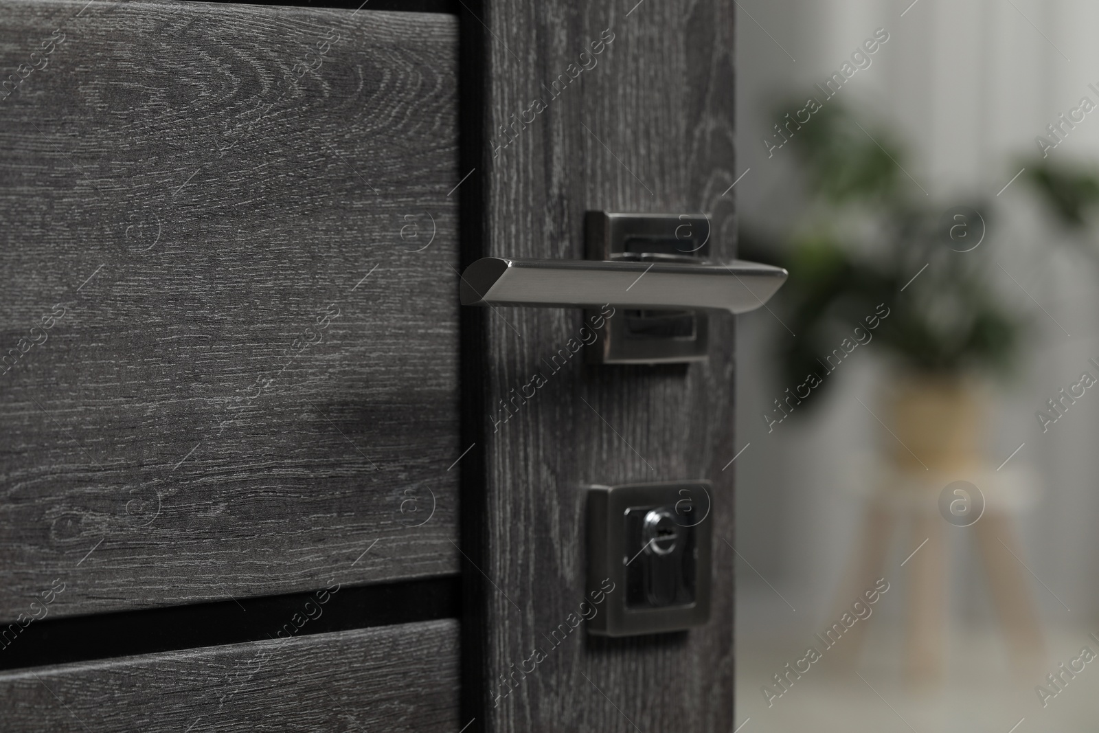 Photo of Open wooden door with metal handle, closeup