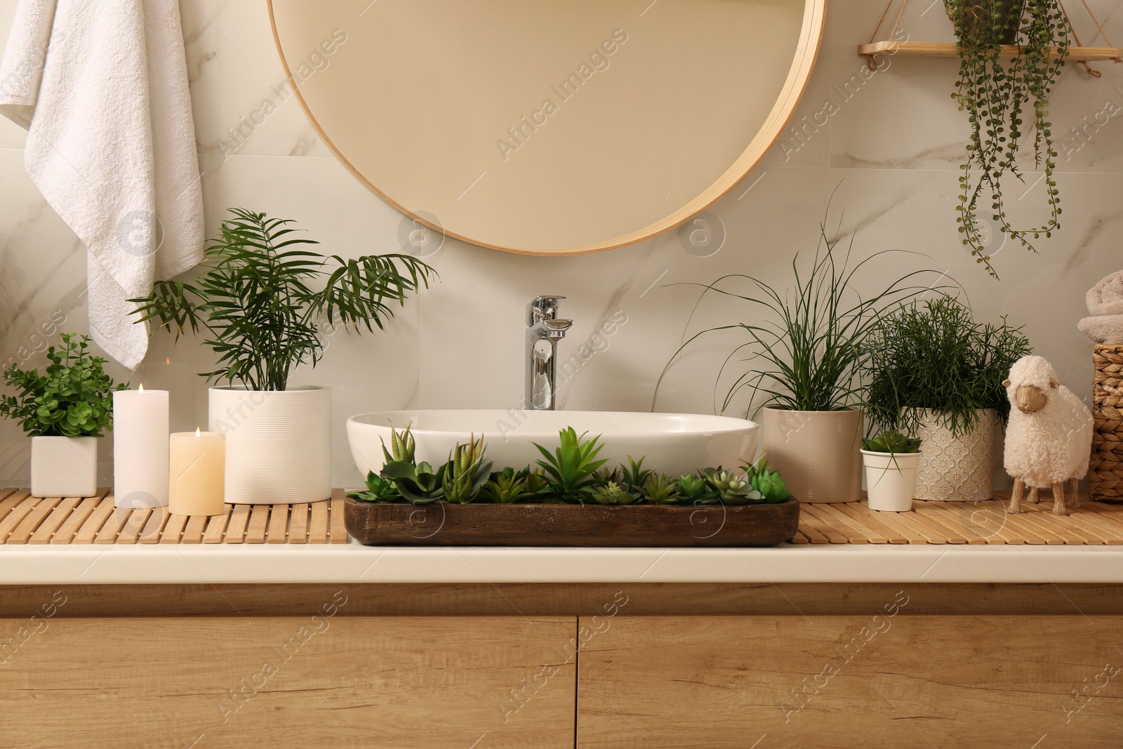 Photo of Counter with sink and many different houseplants near white marble wall