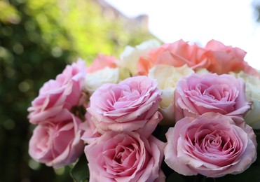 Beautiful bouquet of aromatic roses outdoors, closeup