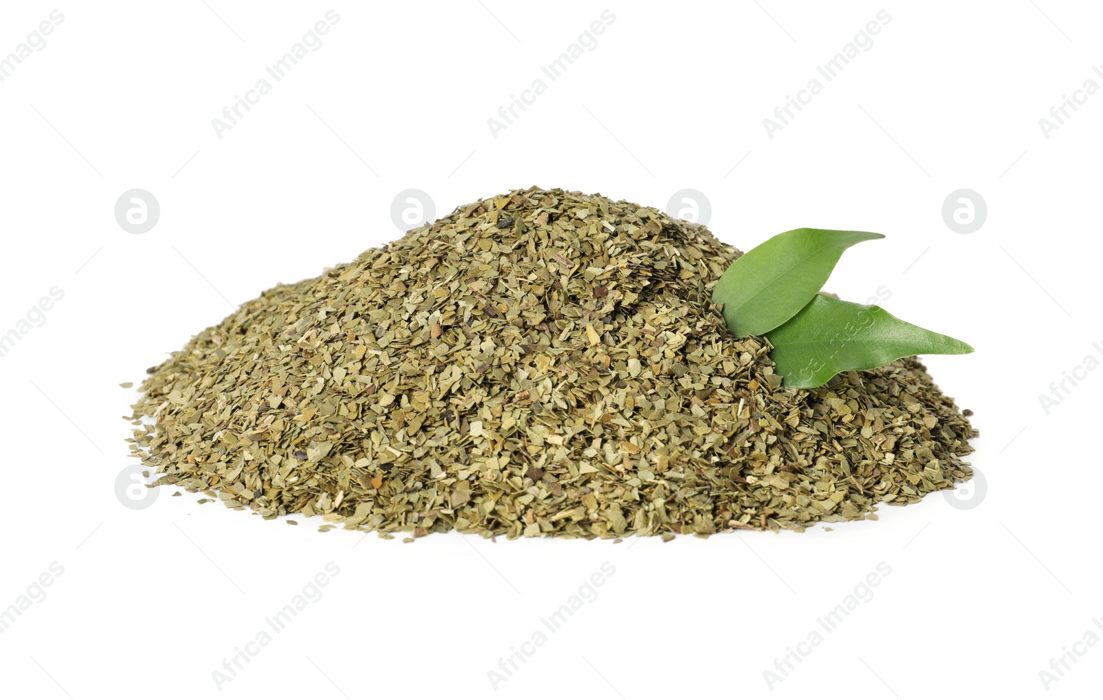 Photo of Pile of aromatic mate tea and fresh leaves on white background