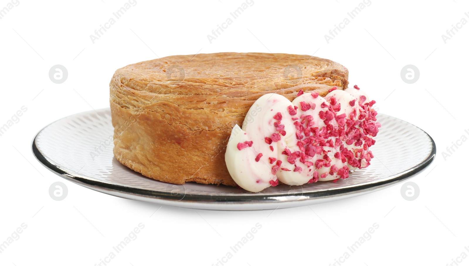 Photo of Round croissant with cream isolated on white. Tasty puff pastry