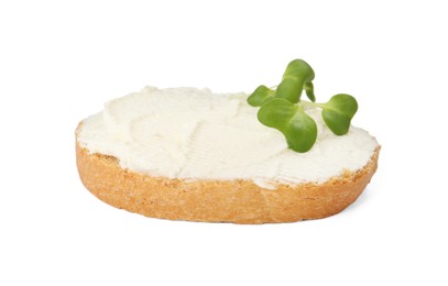 Delicious sandwich with cream cheese and microgreen isolated on white