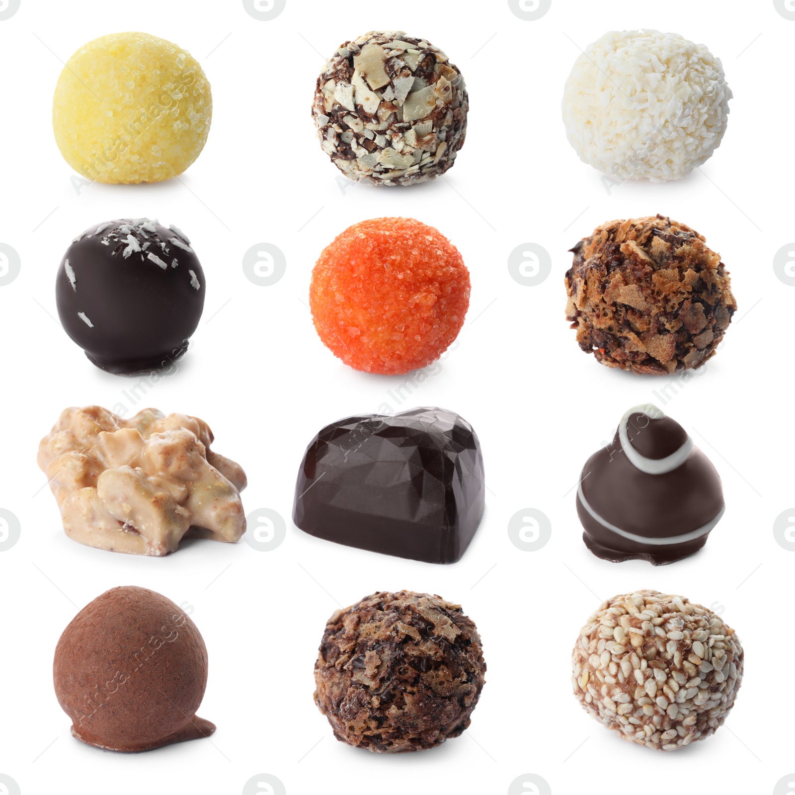 Image of Delicious chocolate candies isolated on white, set